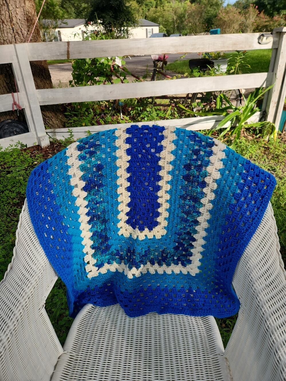 Vintage Handmade Crochet Lap Blanket Blue Turquoise Granny Afghan 41x26